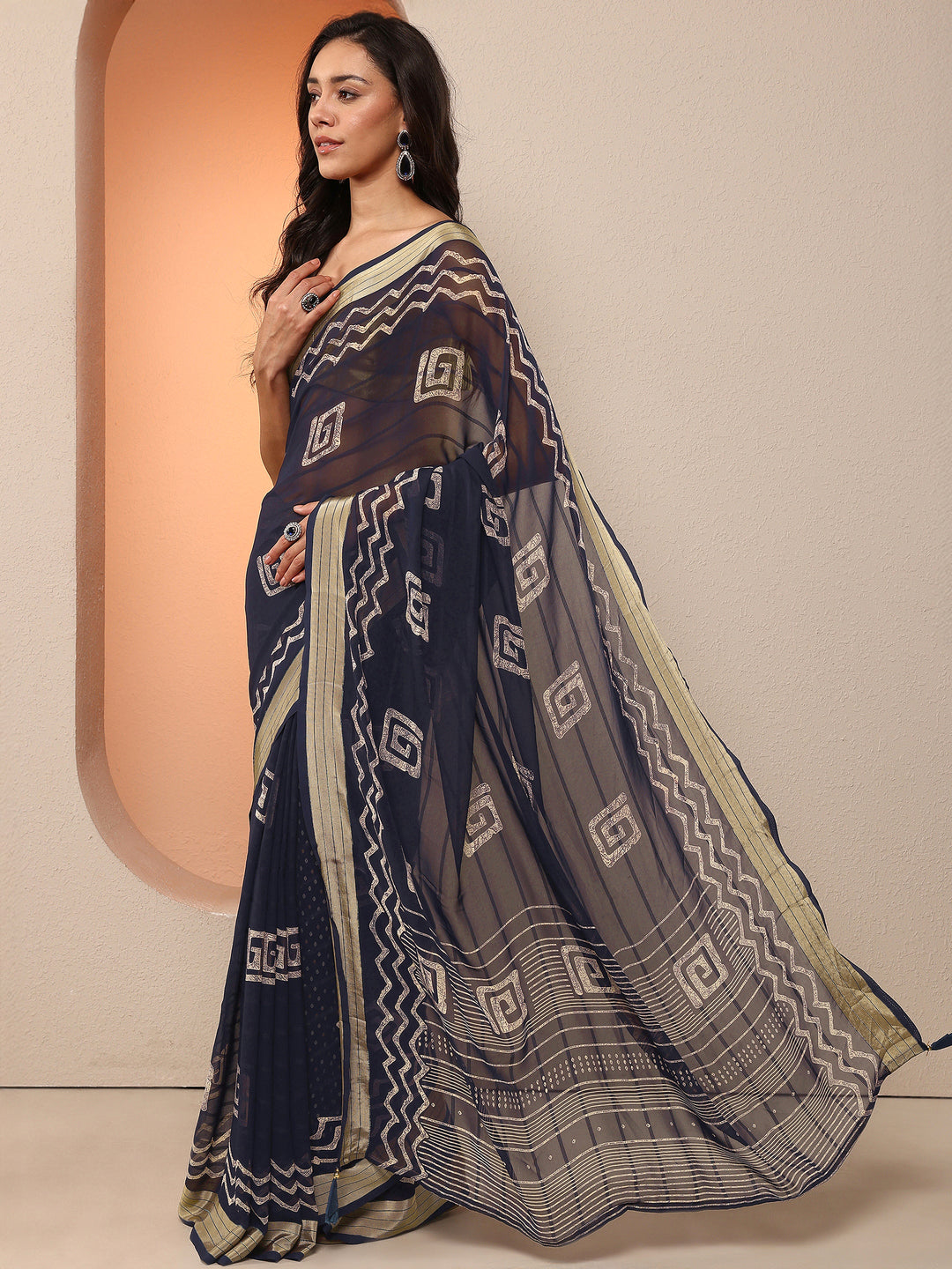  Navy Blue Printed Georgette Saree With Unstitched Blouse Piece 