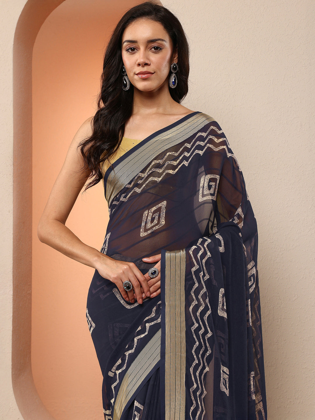  Navy Blue Printed Georgette Saree With Unstitched Blouse Piece 