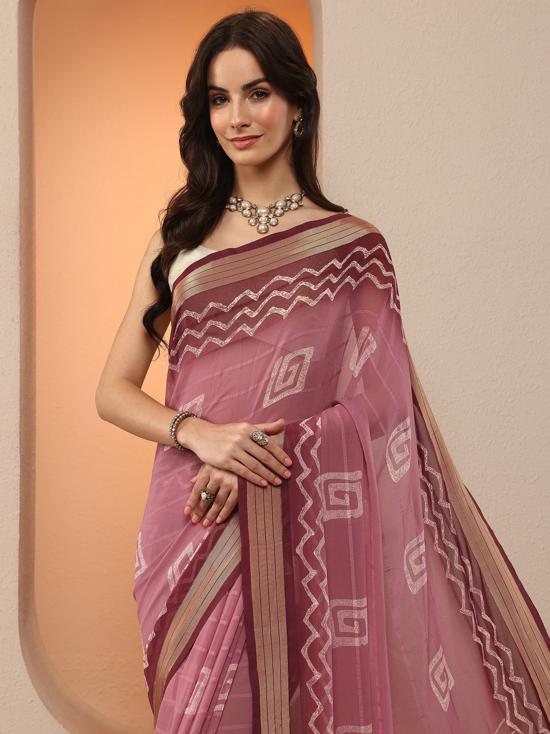  Pink Printed Georgette Saree With Unstitched Blouse Piece 