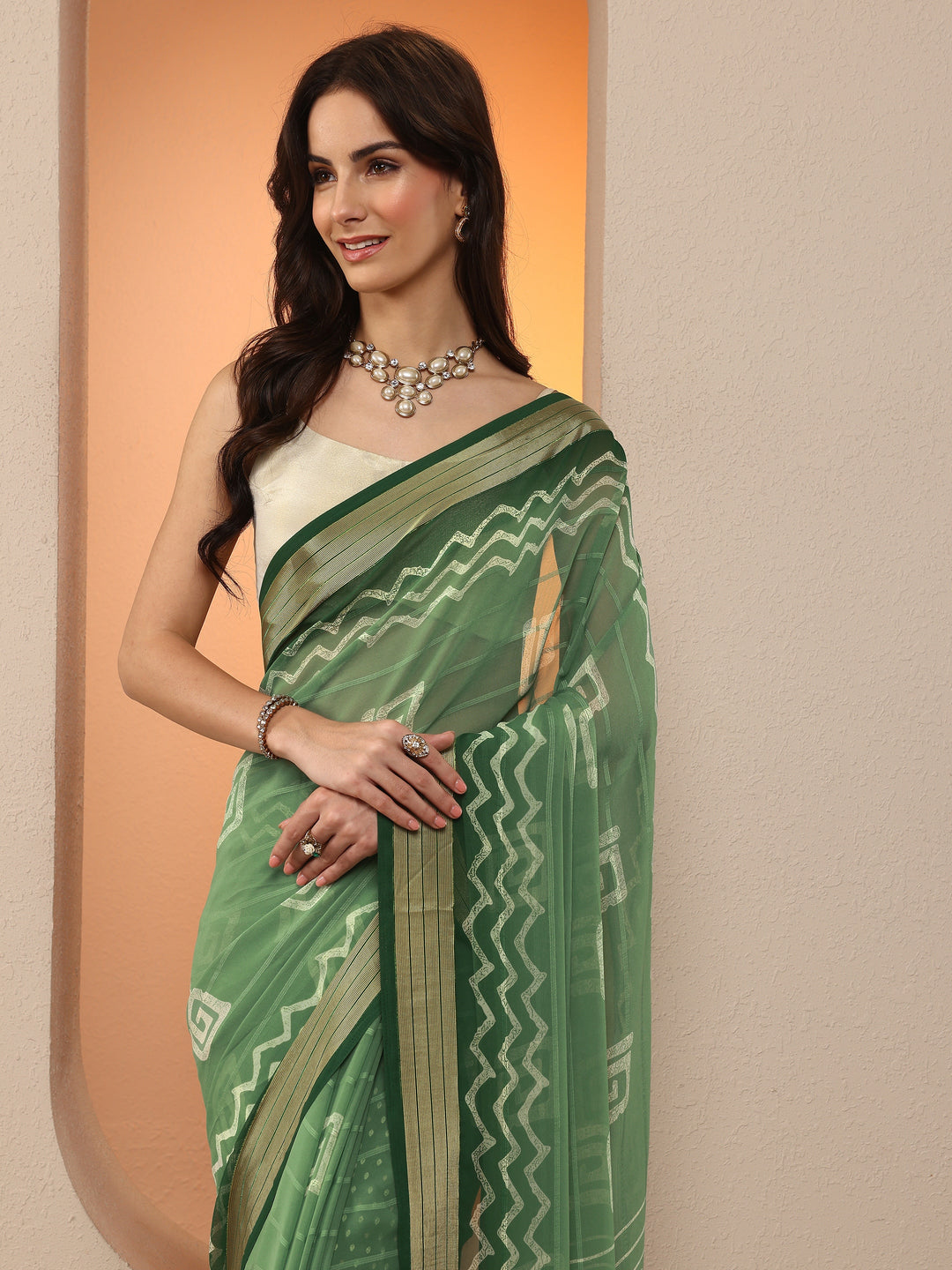  Green Printed Georgette Saree With Unstitched Blouse Piece 