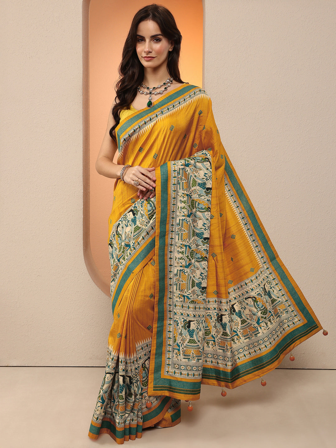  Mustard Printed Silk Blend Saree With Unstitched Blouse Piece 