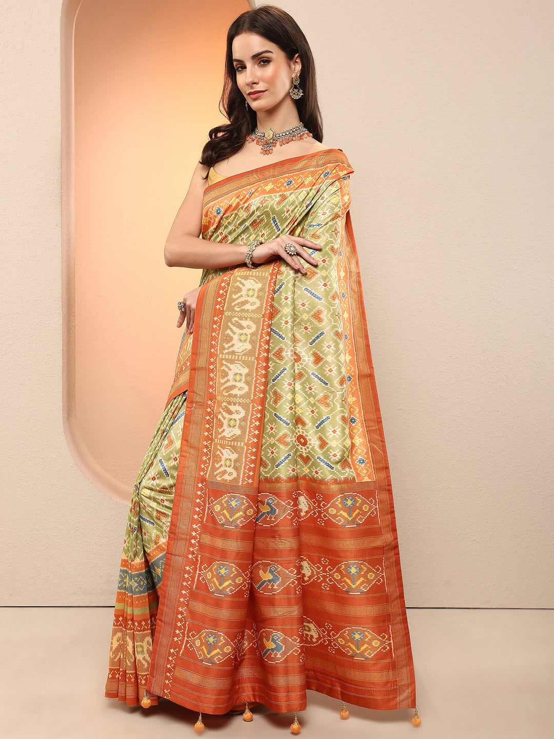  Green Printed Silk Blend Sarees With Unstitched Blouse Piece 