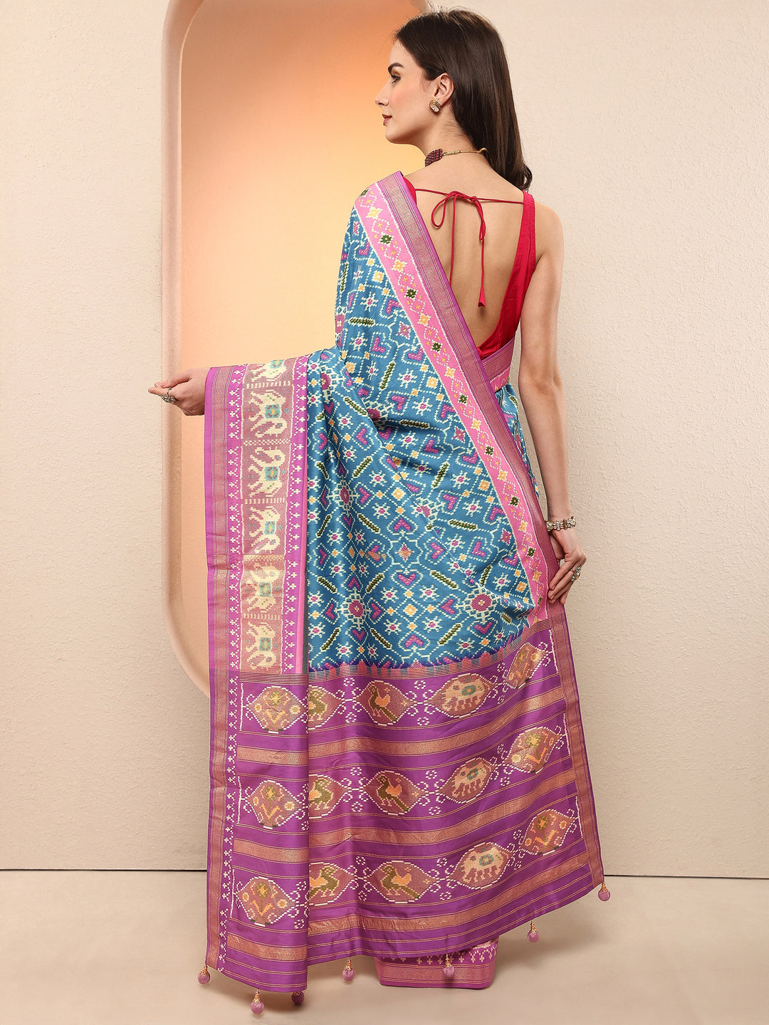  Blue Printed Silk Blend Sarees With Unstitched Blouse Piece 