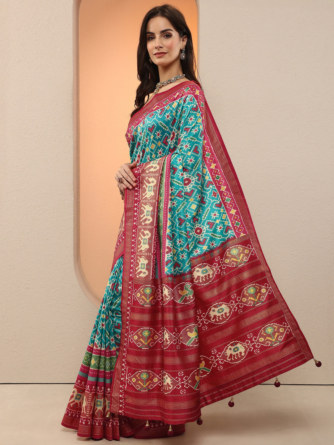  Blue Printed Silk Blend Saree With Unstitched Blouse Piece 