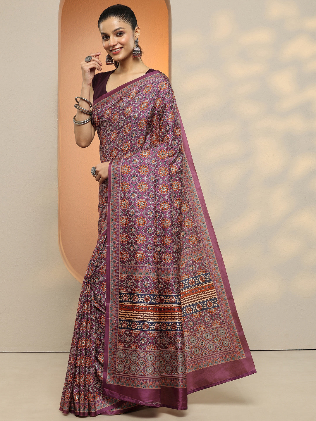  Mauve Printed Silk Blend Saree With Unstitched Blouse Piece 