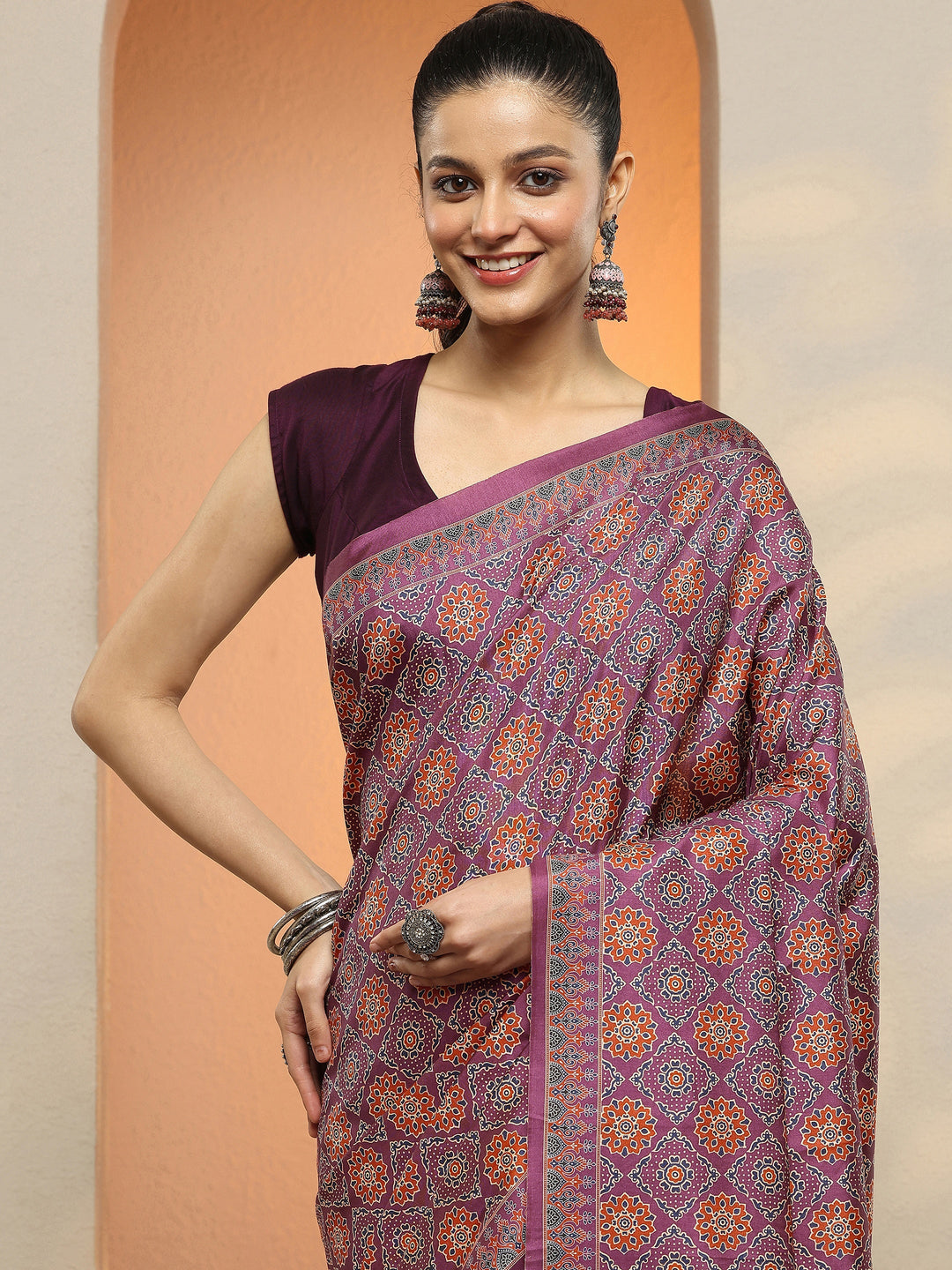  Mauve Printed Silk Blend Saree With Unstitched Blouse Piece 
