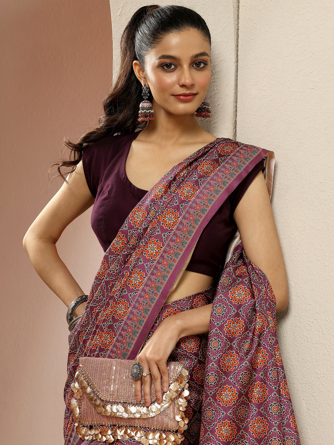  Mauve Printed Silk Blend Saree With Unstitched Blouse Piece 