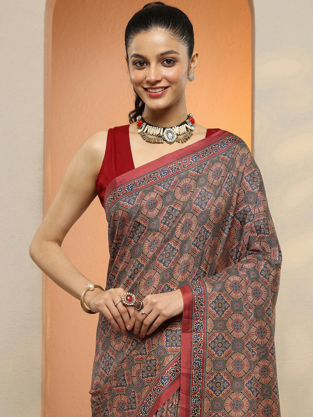  Red Printed Silk Blend Saree With Unstitched Blouse Piece 