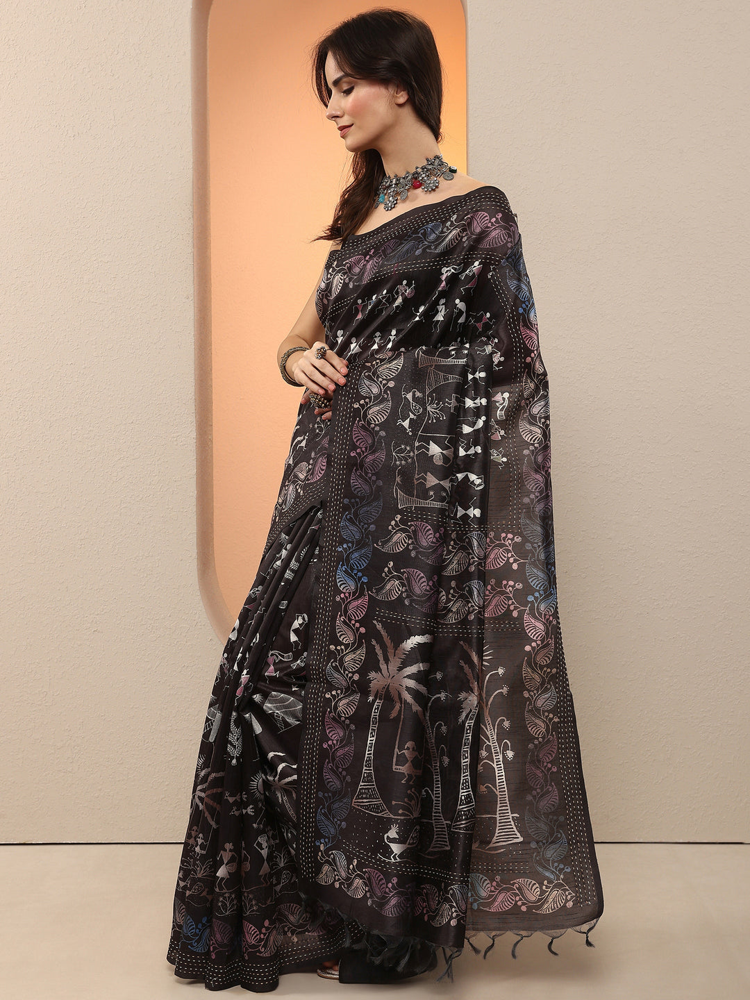  Black Kalamkari Printed Silk Blend Saree With Unstitched Blouse Piece 