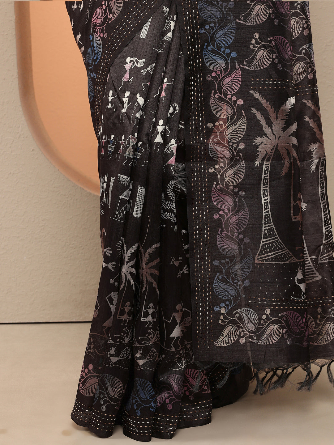  Black Kalamkari Printed Silk Blend Saree With Unstitched Blouse Piece 