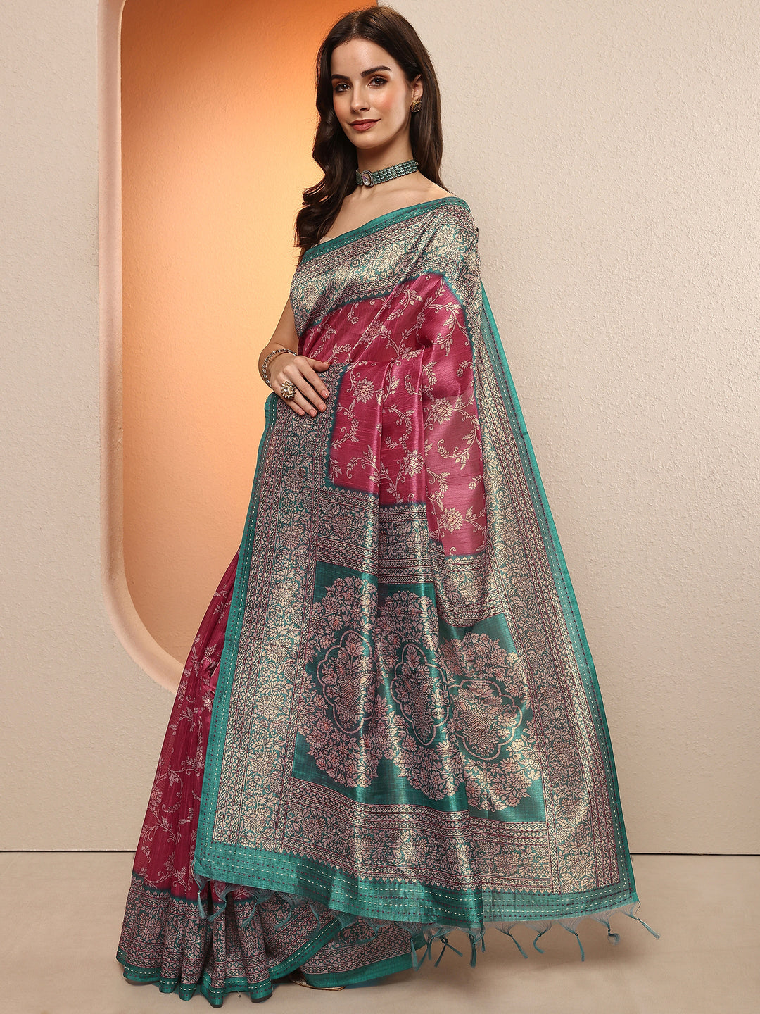  Pink Printed Silk Blend Sarees With Unstitched Blouse Piece 