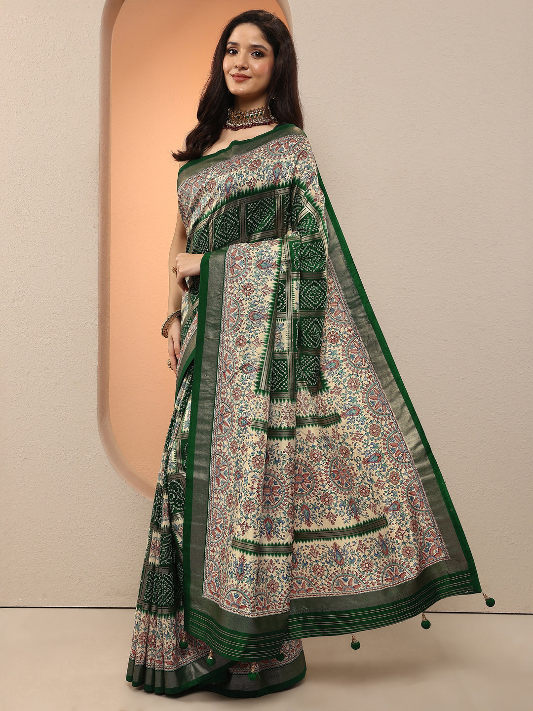  Green Bandhani Printed Silk Blend Saree With Unstitched Blouse Piece 