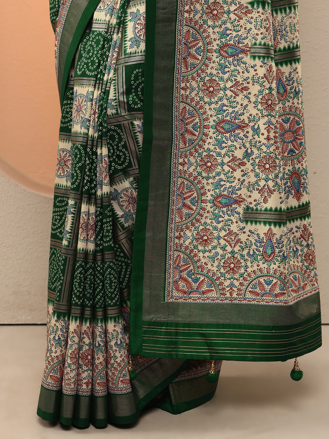  Green Bandhani Printed Silk Blend Saree With Unstitched Blouse Piece 