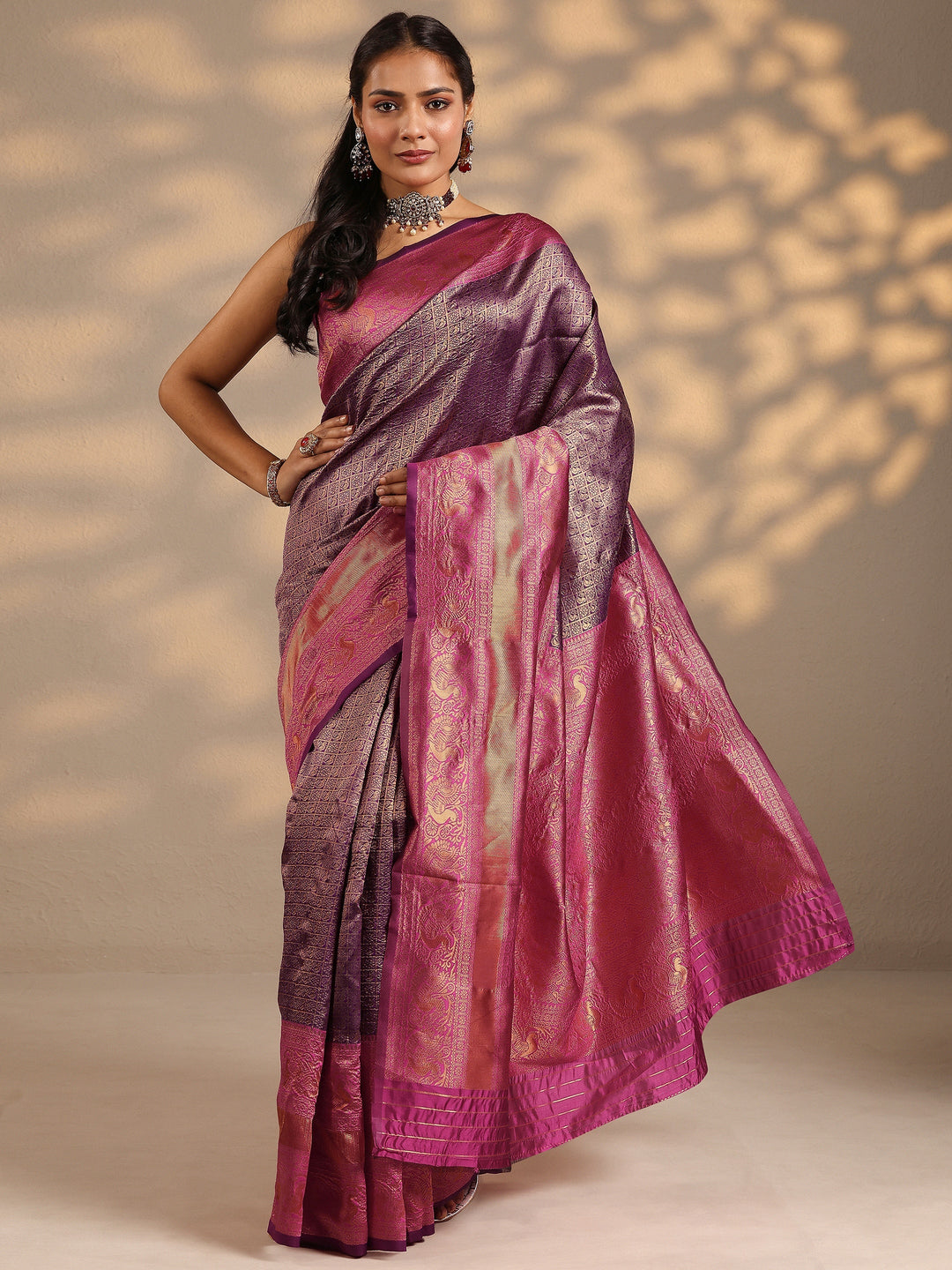  Purple Woven Design Silk Blend Saree With Unstitched Blouse Piece 