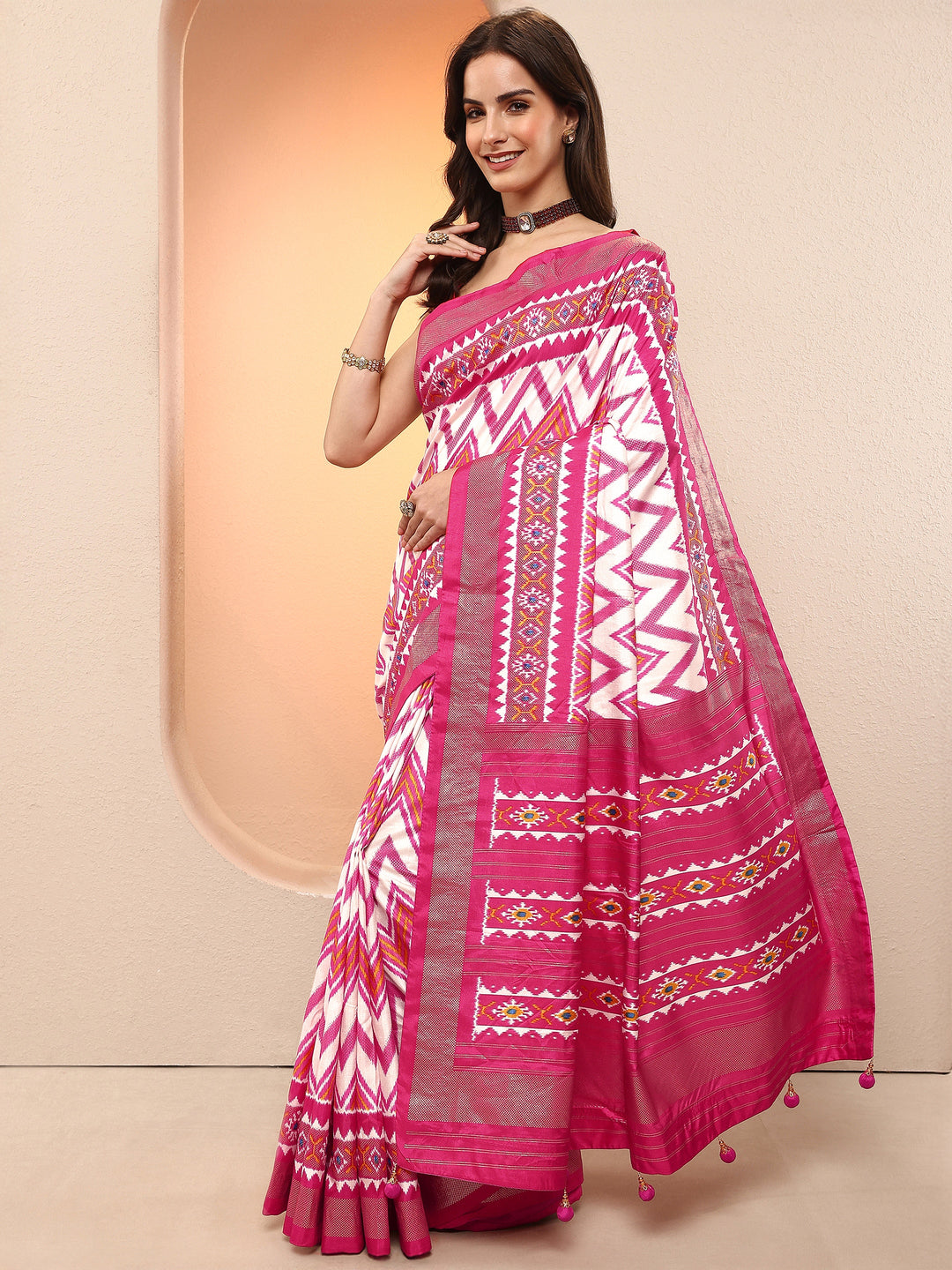  Pink Chevron Printed Sarees With Unstitched Blouse Piece 