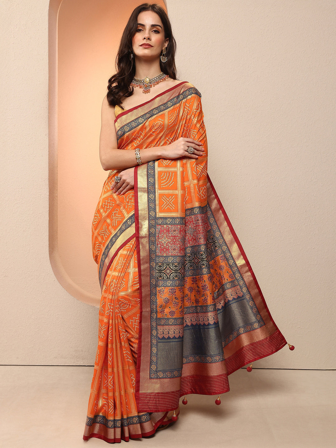  Orange Bandhani Printed Sarees With Unstitched Blouse Piece 