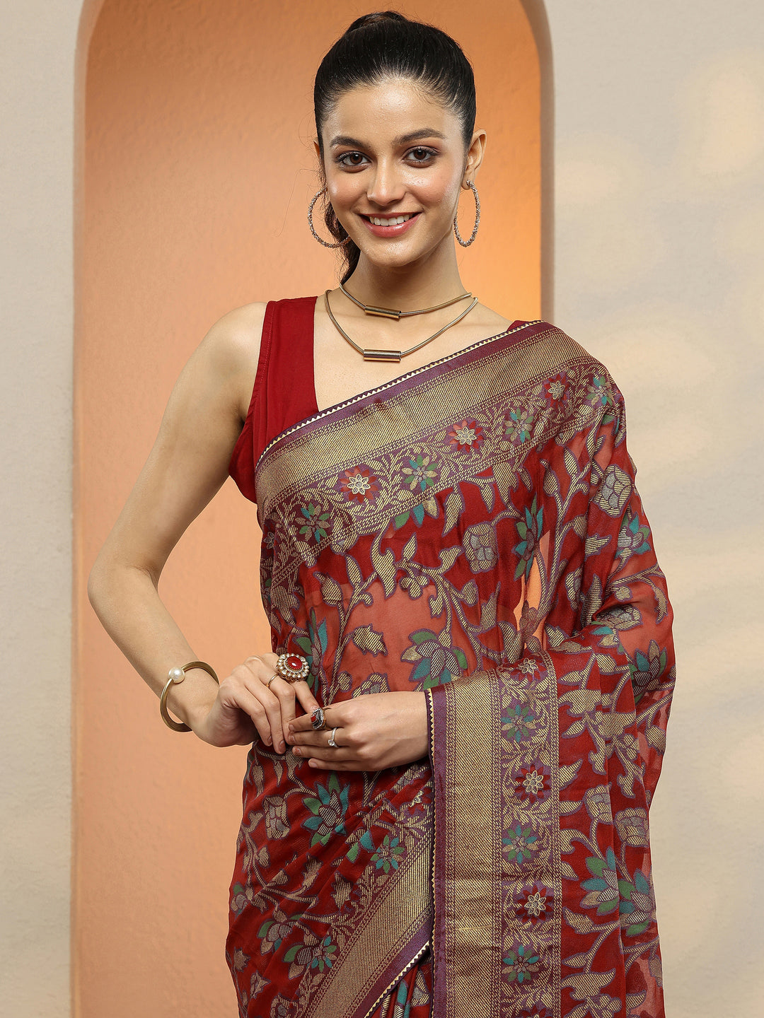  Maroon Printed Georgette Saree With Unstitched Blouse Piece 