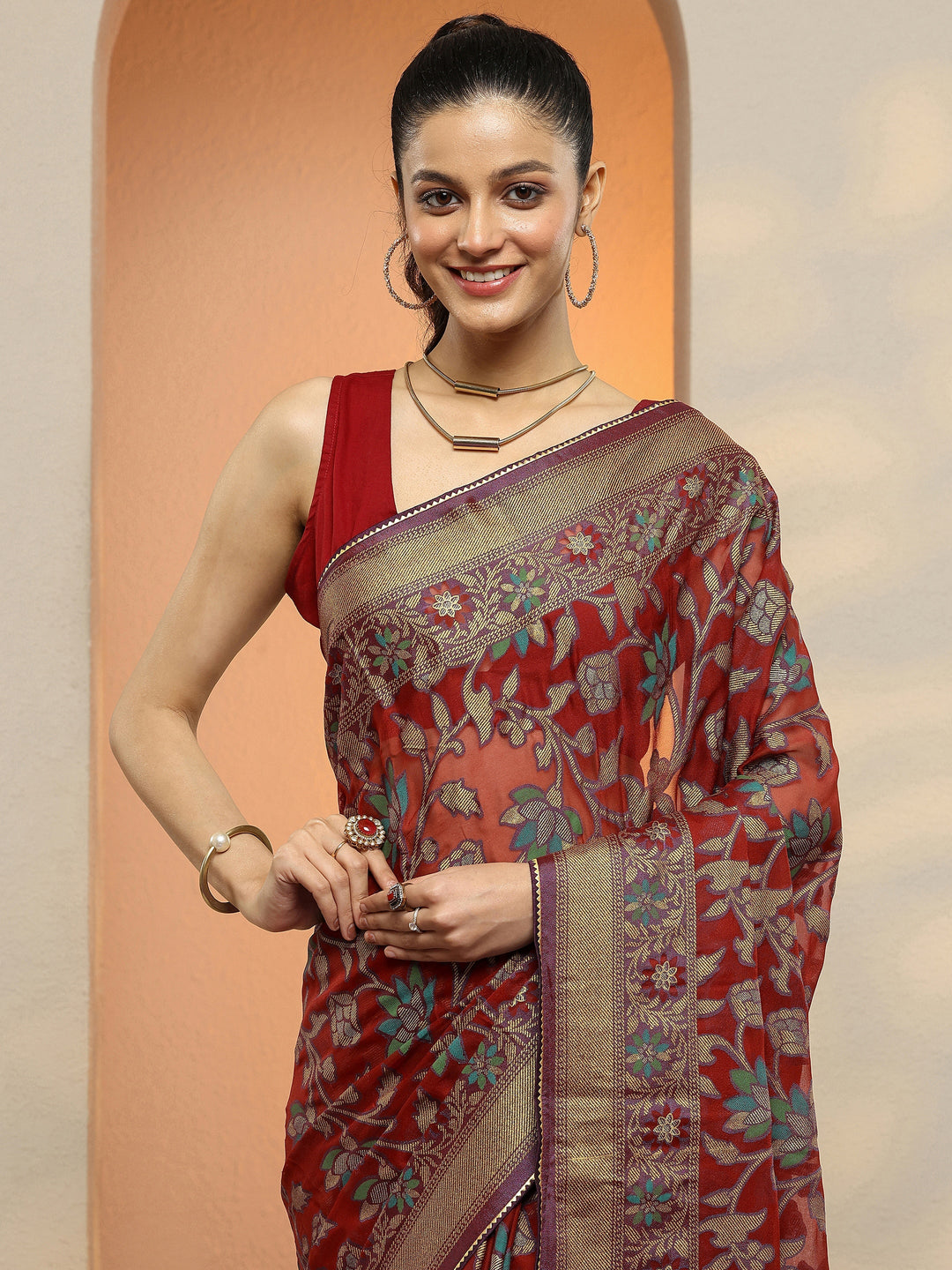  Maroon Printed Georgette Saree With Unstitched Blouse Piece 
