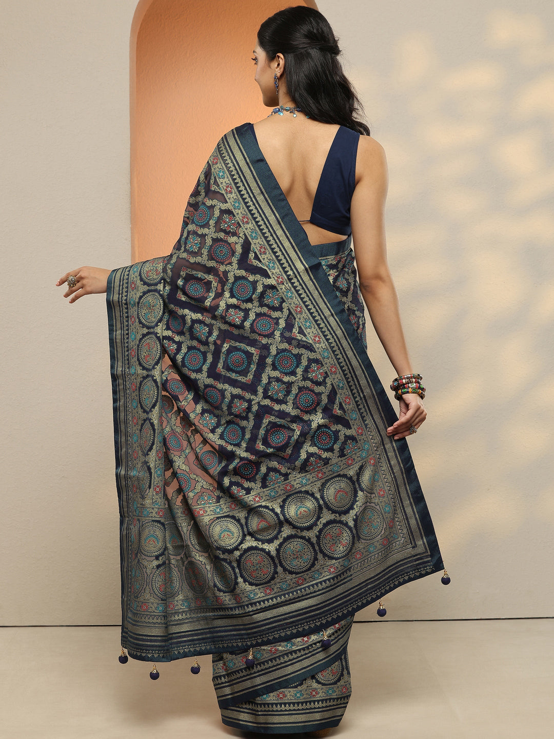  Navy Blue Printed Georgette Saree With Unstitched Blouse Piece 