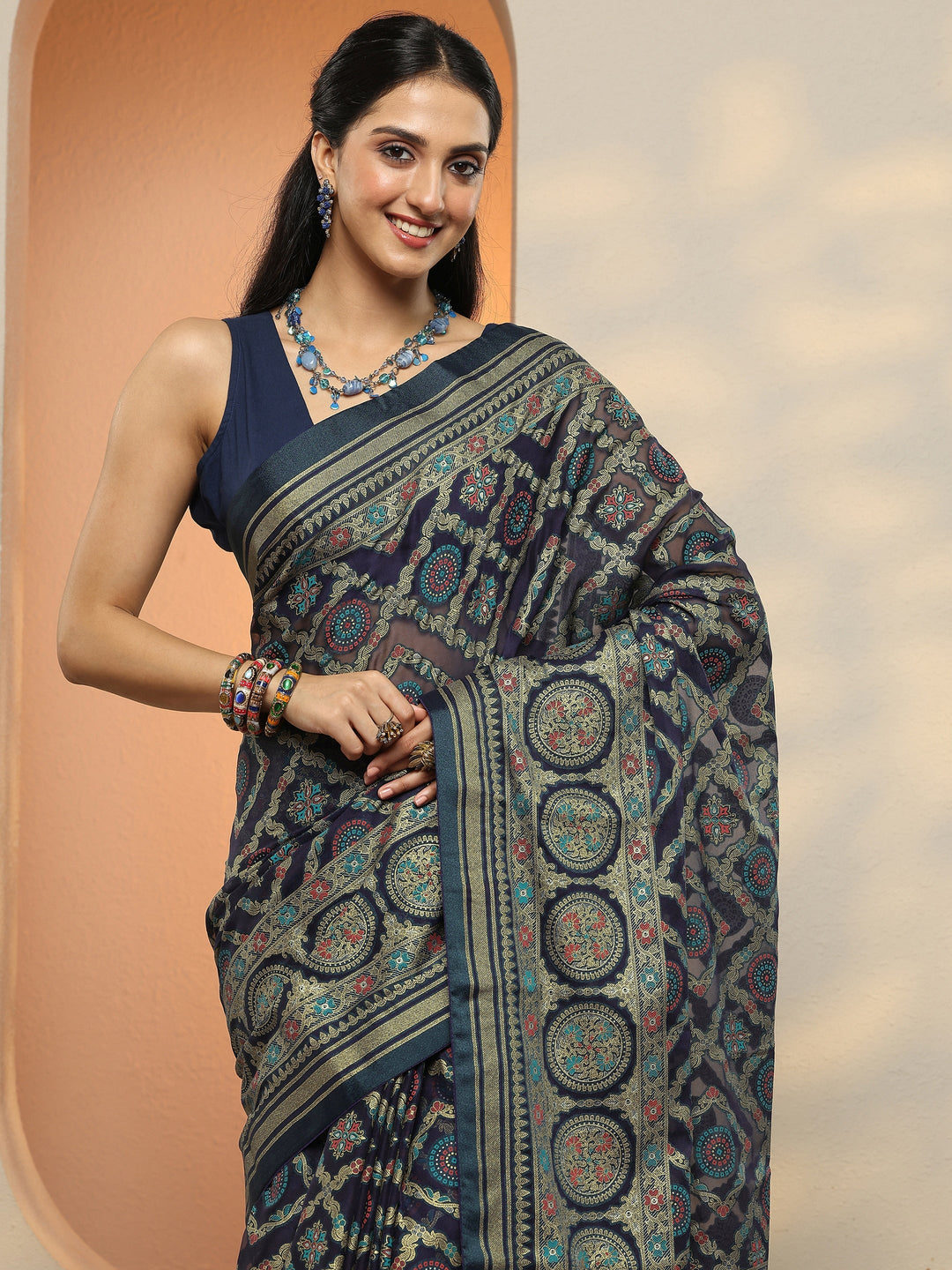  Navy Blue Printed Georgette Saree With Unstitched Blouse Piece 