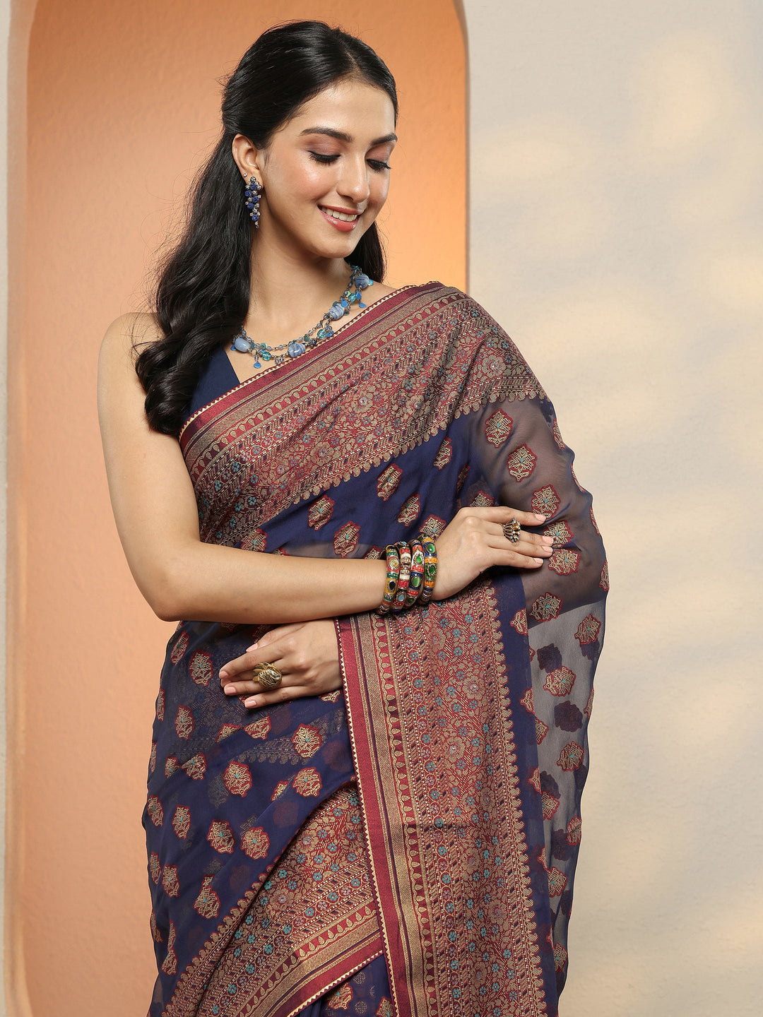  Navy Blue Printed Georgette Saree With Unstitched Blouse Piece 