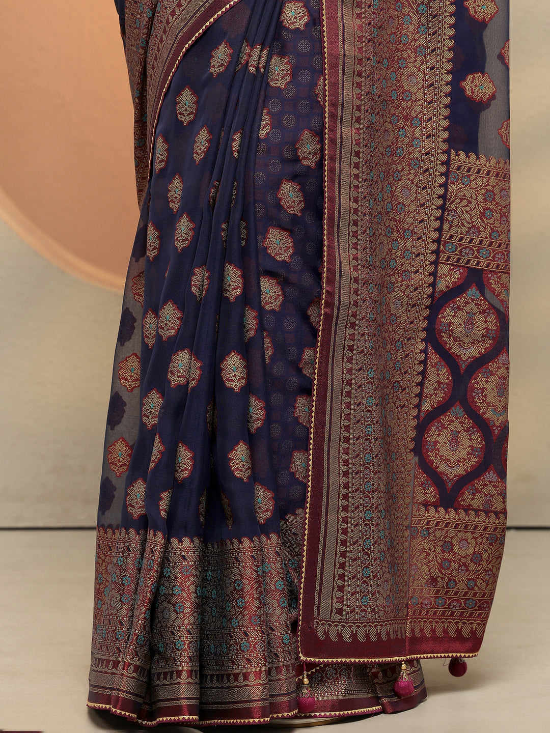  Navy Blue Printed Georgette Saree With Unstitched Blouse Piece 