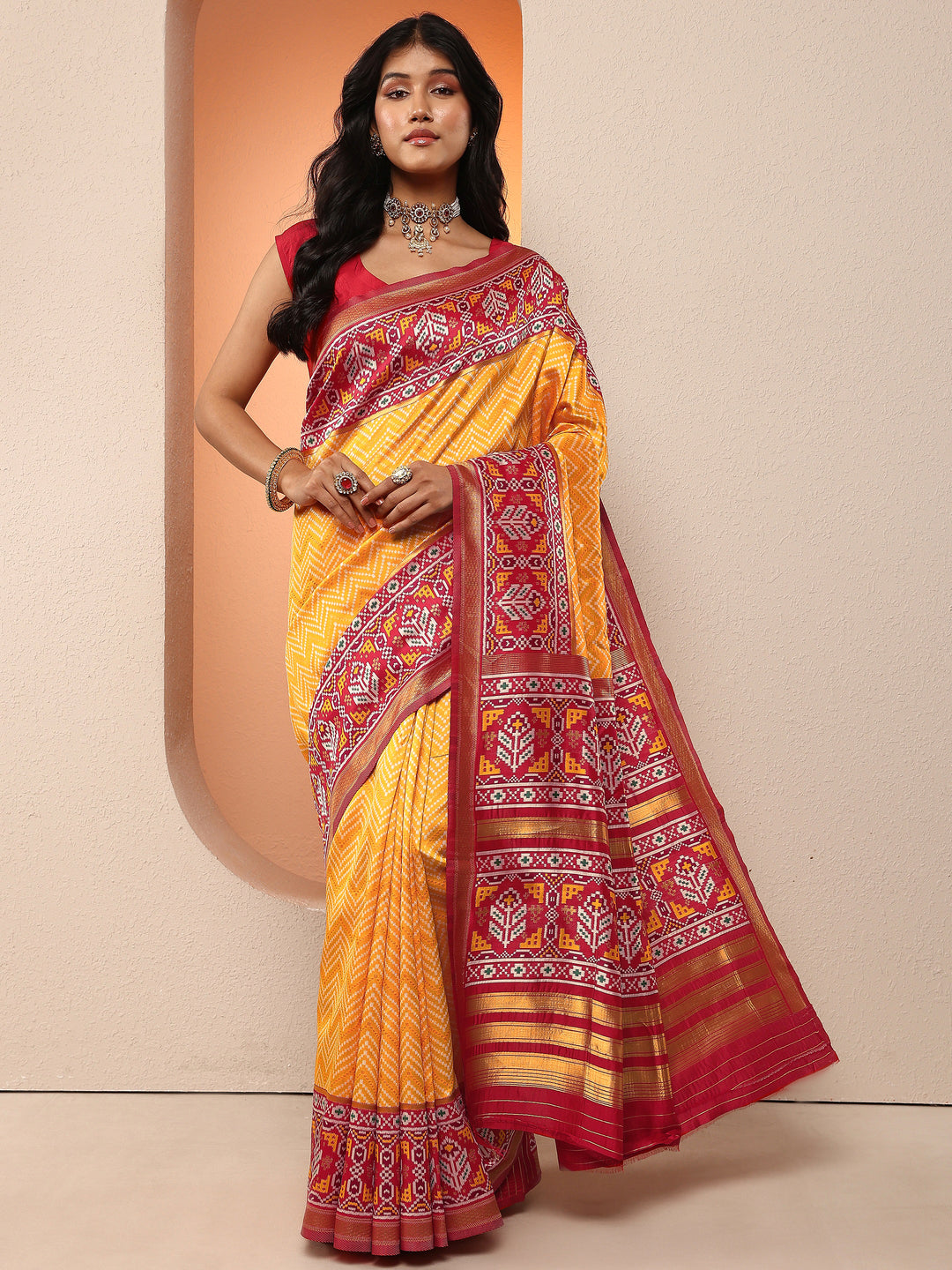  Mustard Chevron Woven Design Silk Blend Saree With Unstitched Blouse Piece 