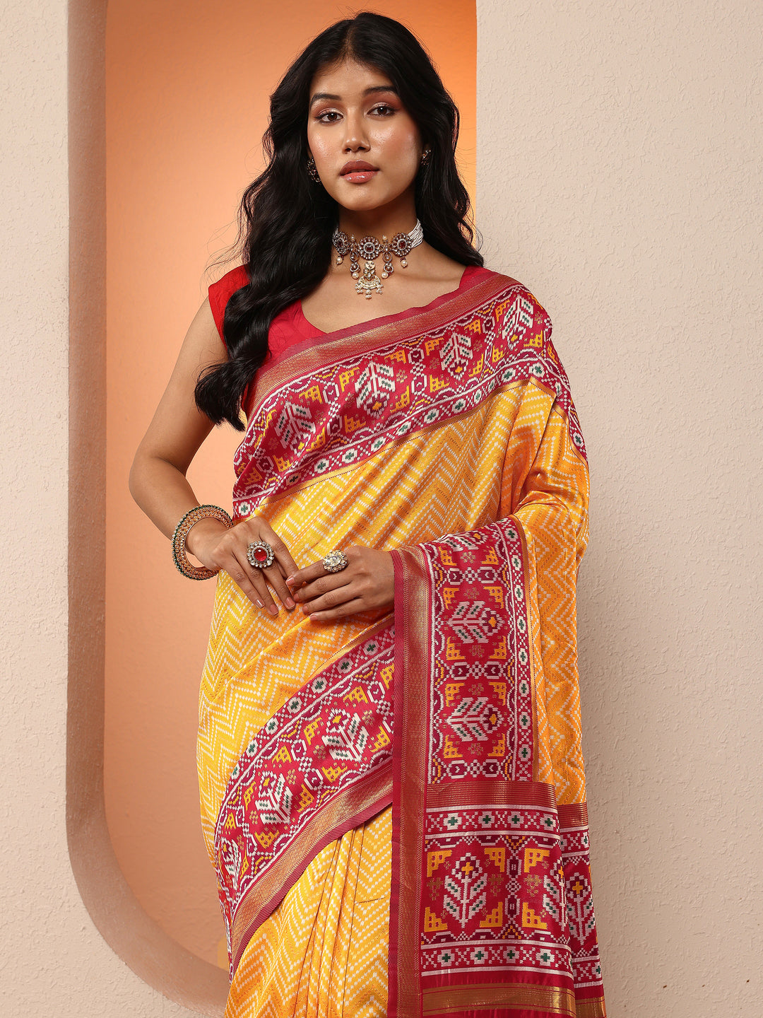  Mustard Chevron Woven Design Silk Blend Saree With Unstitched Blouse Piece 