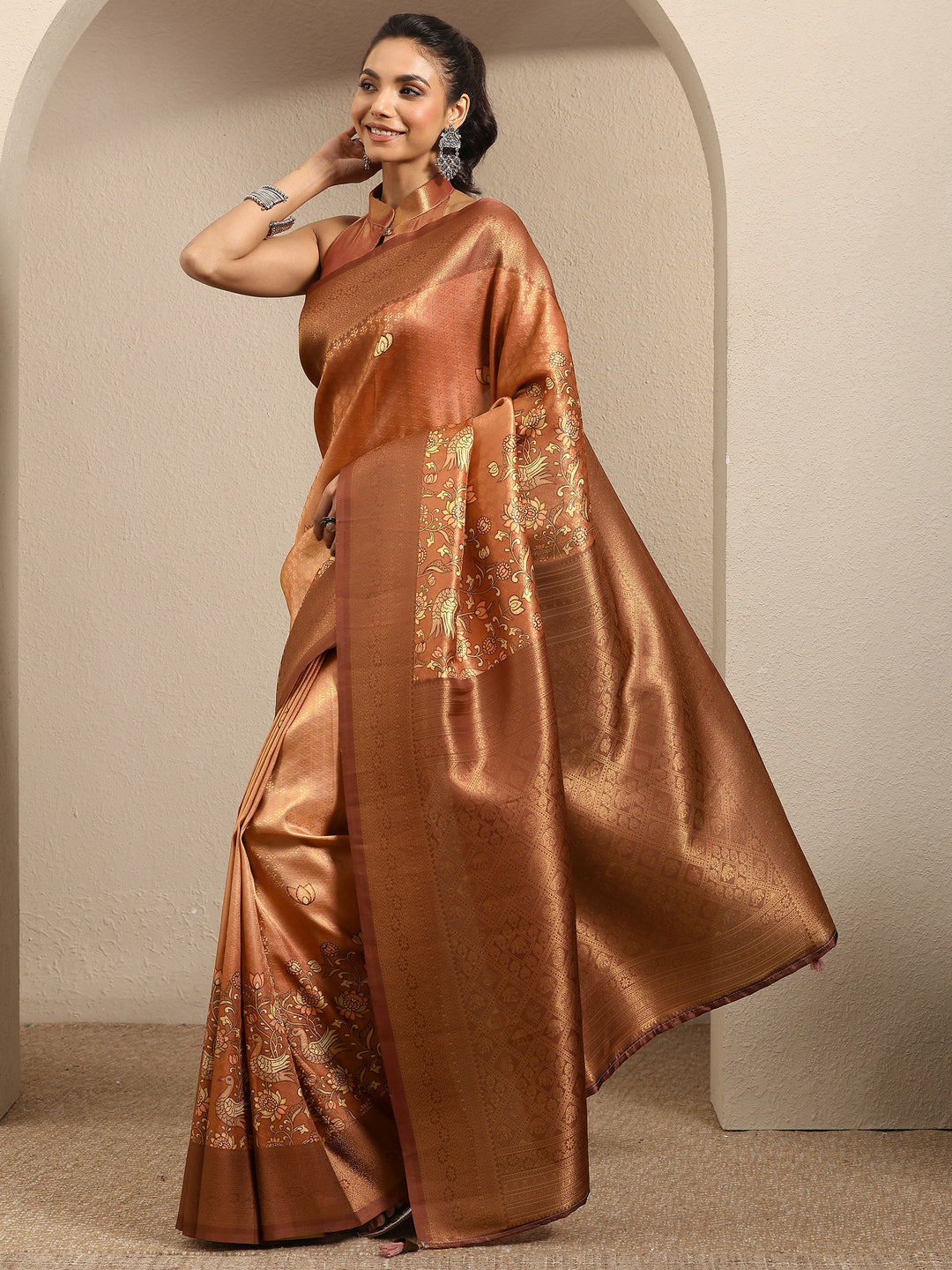  Peach Woven Design Silk Blend Saree With Unstitched Blouse Piece 