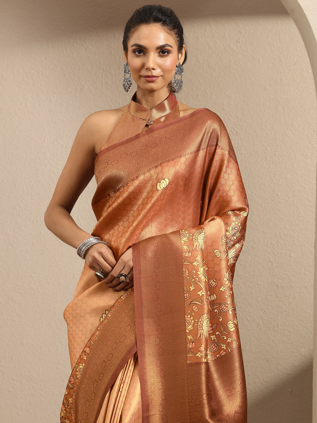  Peach Woven Design Silk Blend Saree With Unstitched Blouse Piece 