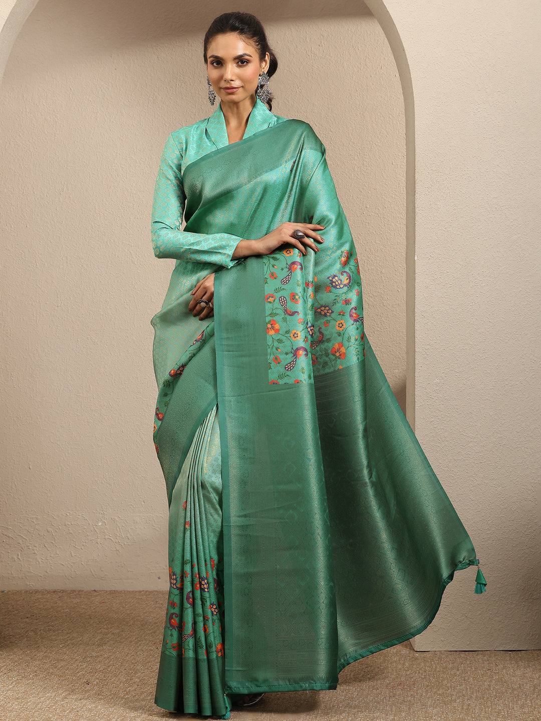  Green Woven Design Silk Blend Saree With Unstitched Blouse Piece 