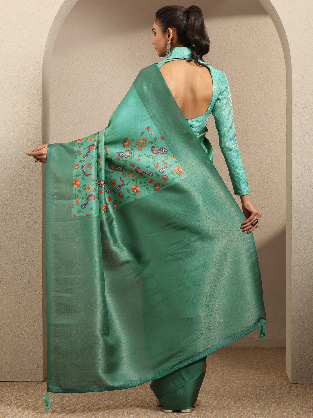  Green Woven Design Silk Blend Saree With Unstitched Blouse Piece 