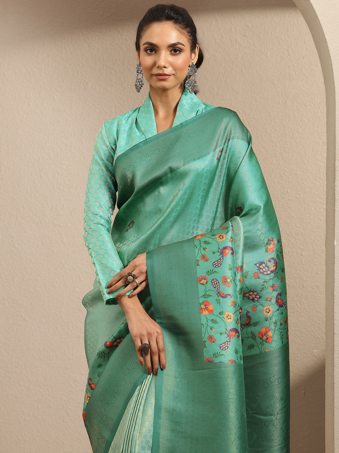  Green Woven Design Silk Blend Saree With Unstitched Blouse Piece 