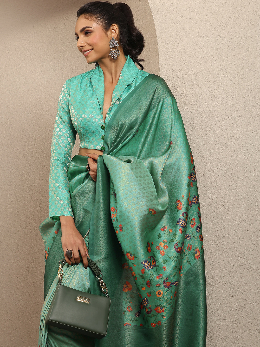  Green Woven Design Silk Blend Saree With Unstitched Blouse Piece 