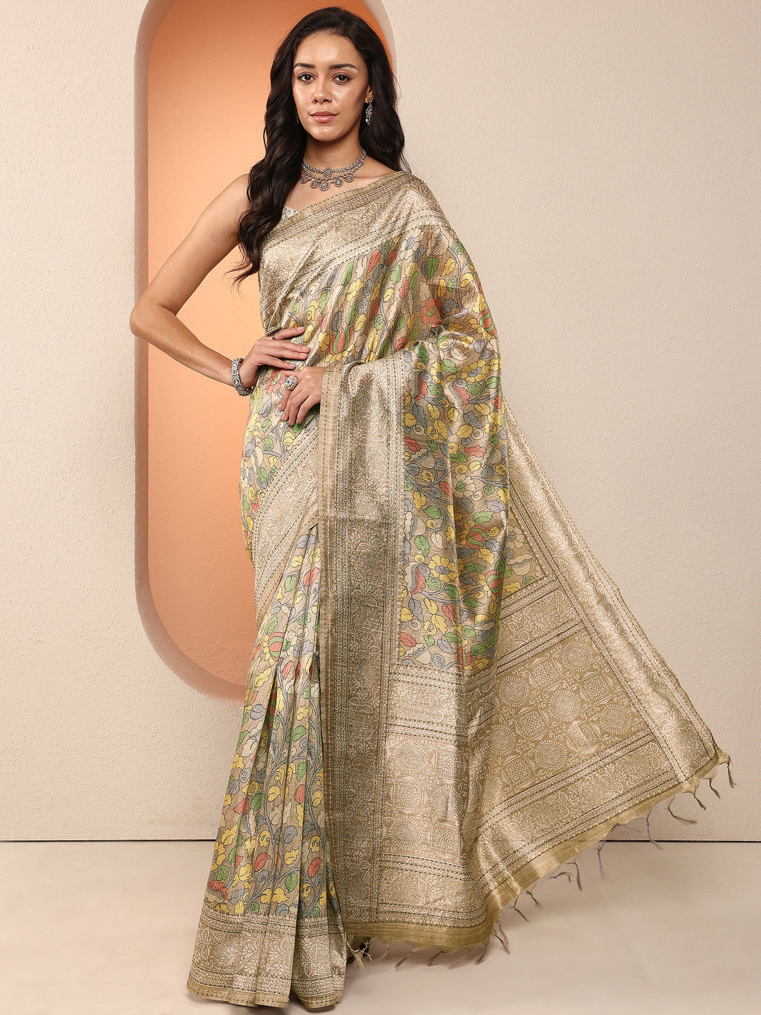  Gold Printed Silk Blend Saree With Unstitched Blouse Piece 