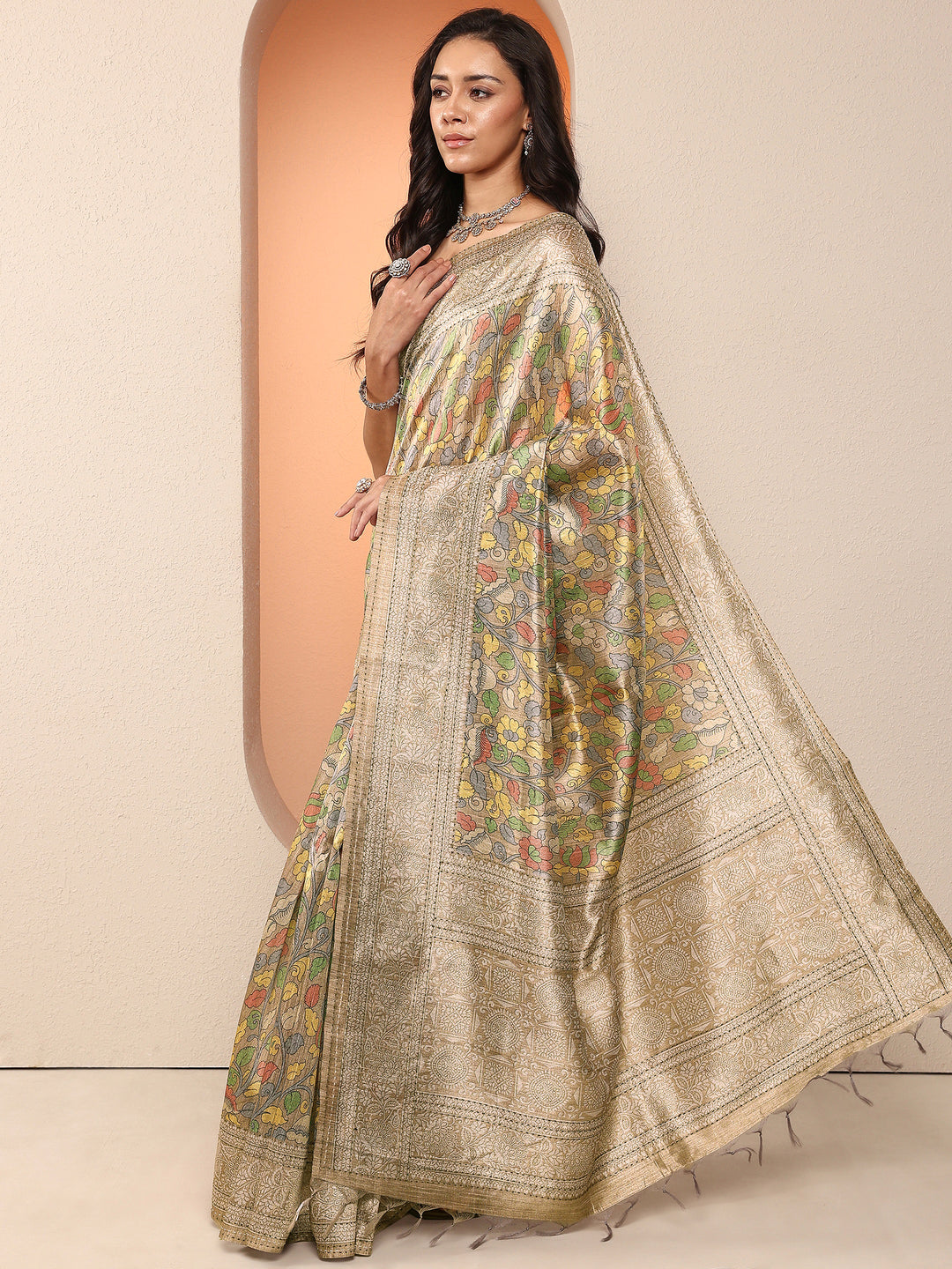  Gold Printed Silk Blend Saree With Unstitched Blouse Piece 