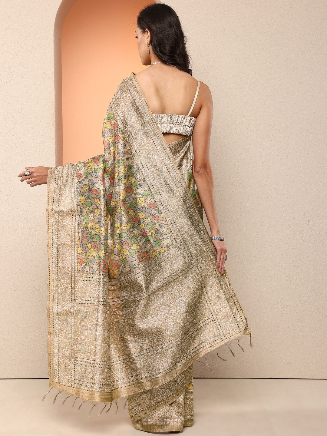  Gold Printed Silk Blend Saree With Unstitched Blouse Piece 