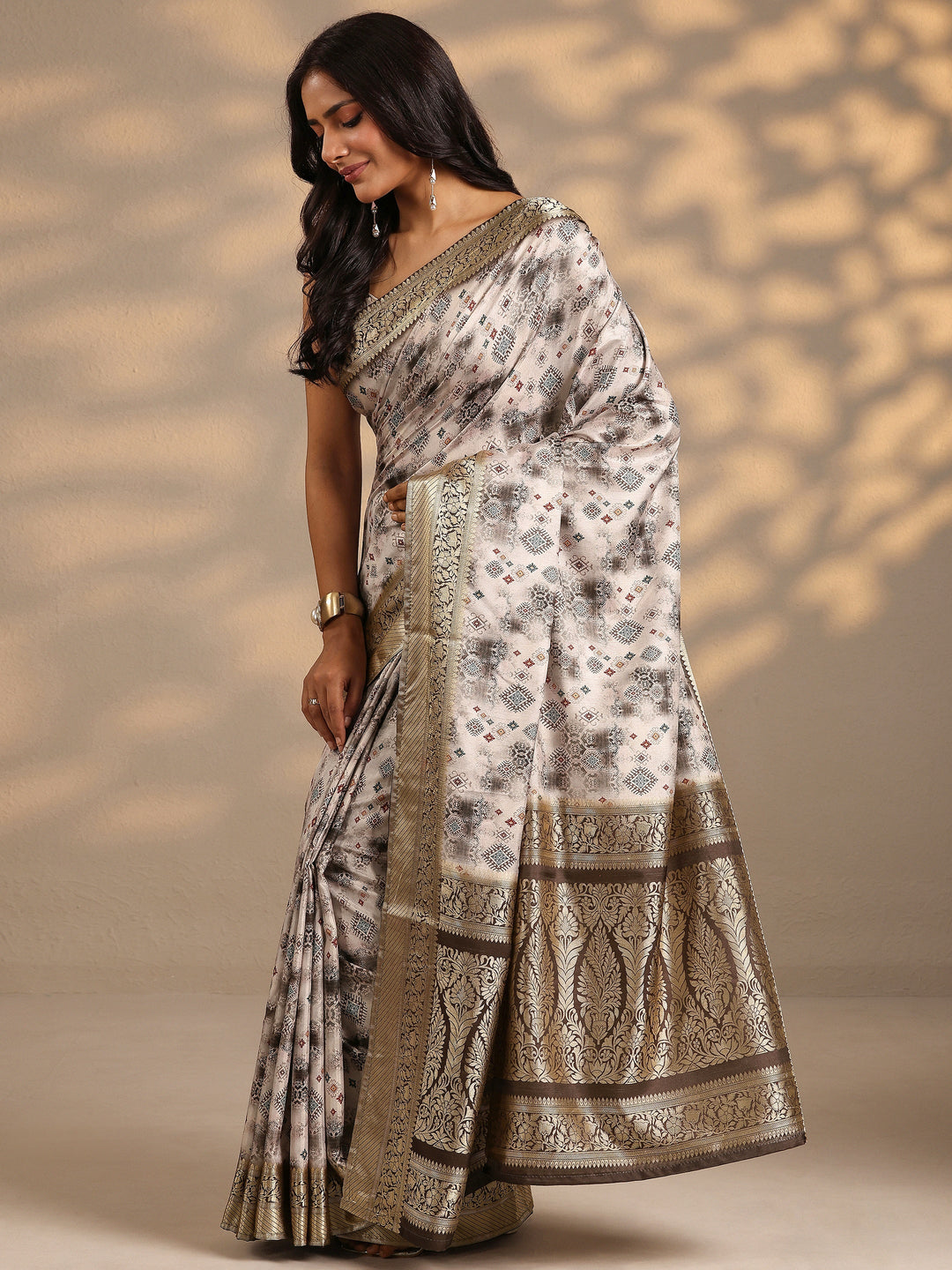  Taupe Woven Design Silk Blend Saree With Unstitched Blouse Piece 