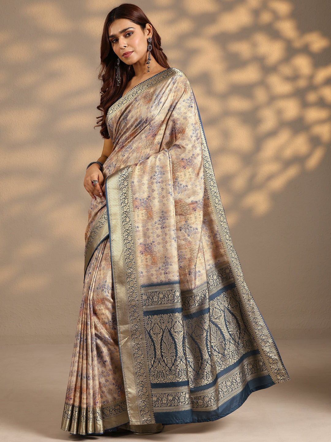  Beige Printed Silk Blend Saree With Unstitched Blouse Piece 