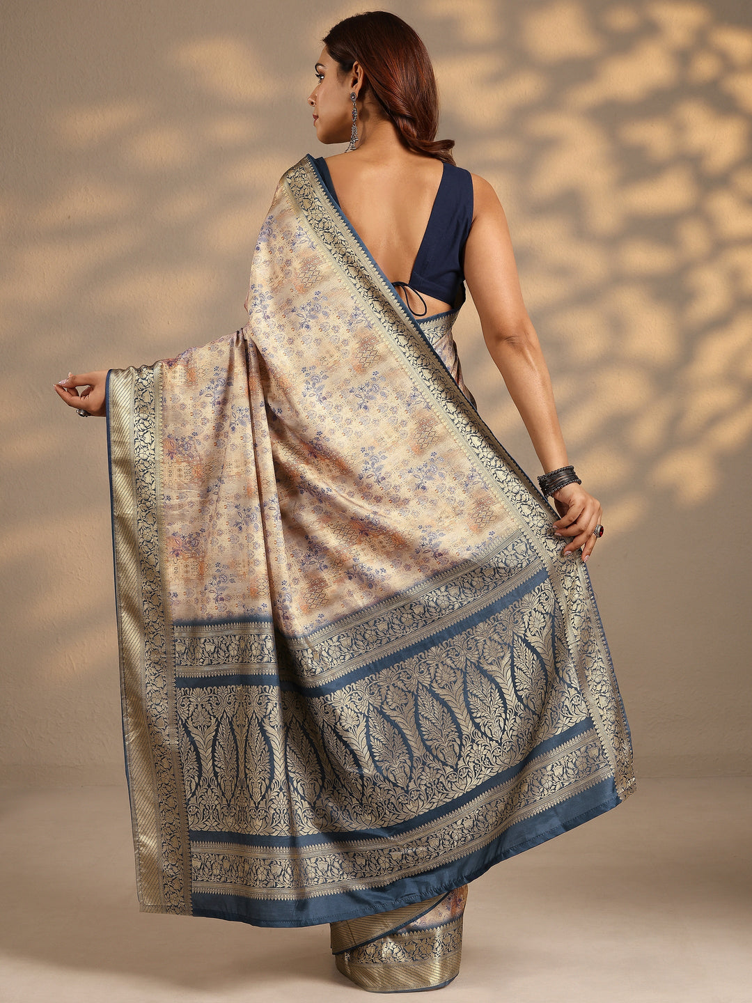  Beige Printed Silk Blend Saree With Unstitched Blouse Piece 