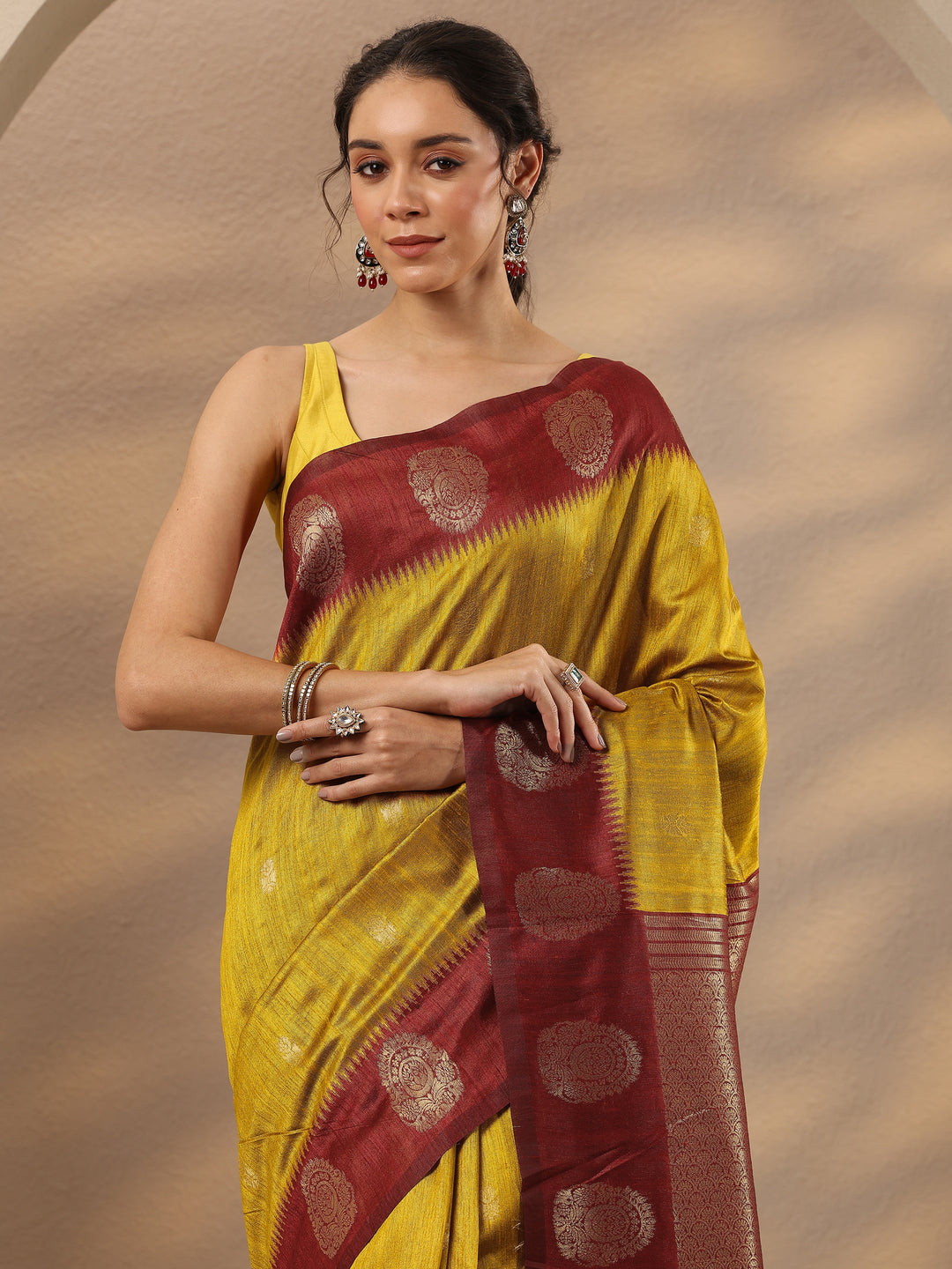  Mustard Woven Design Silk Blend Saree With Unstitched Blouse Piece 