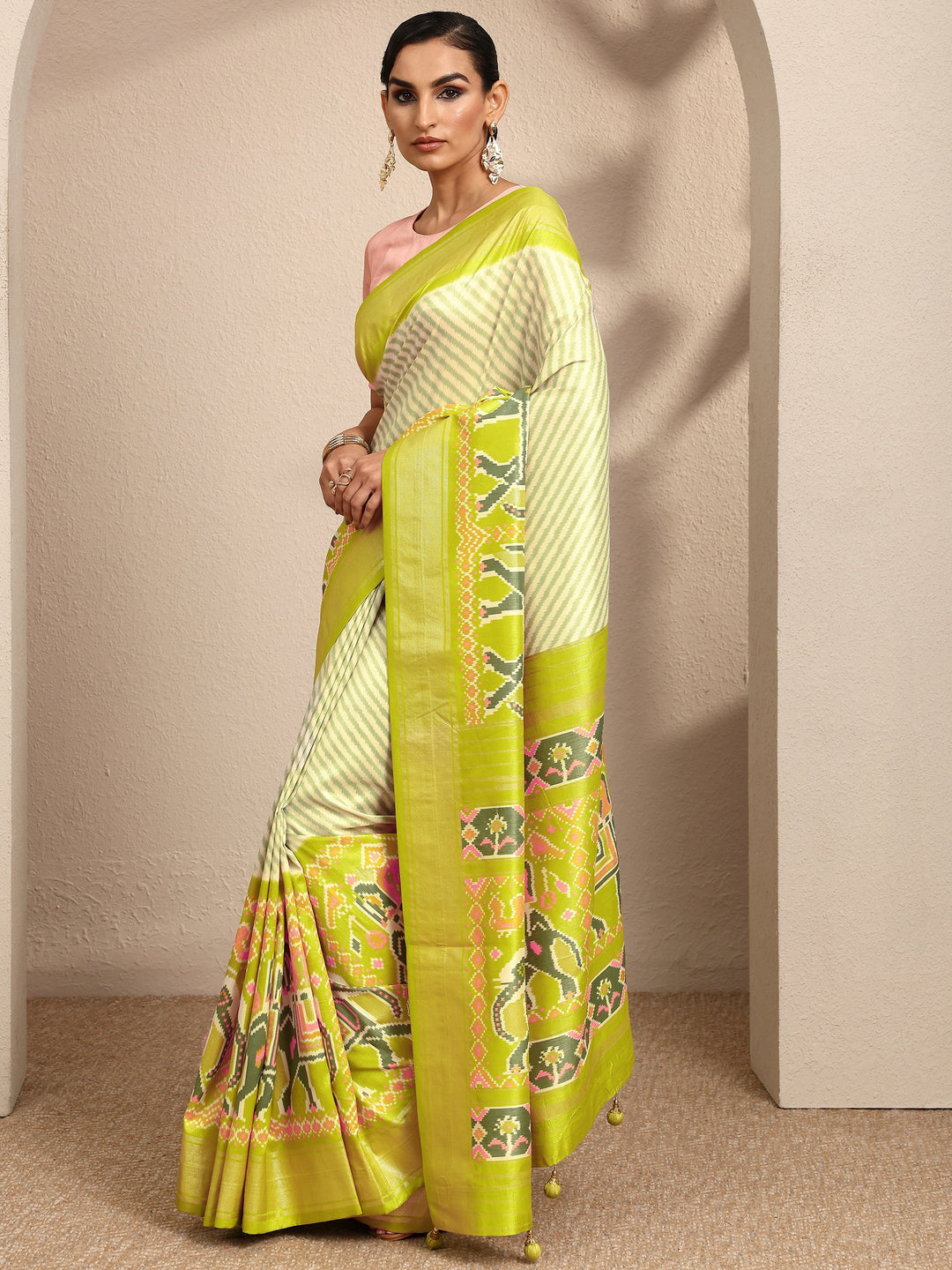  Green Leheriya Printed Silk Blend Saree With Unstitched Blouse Piece 