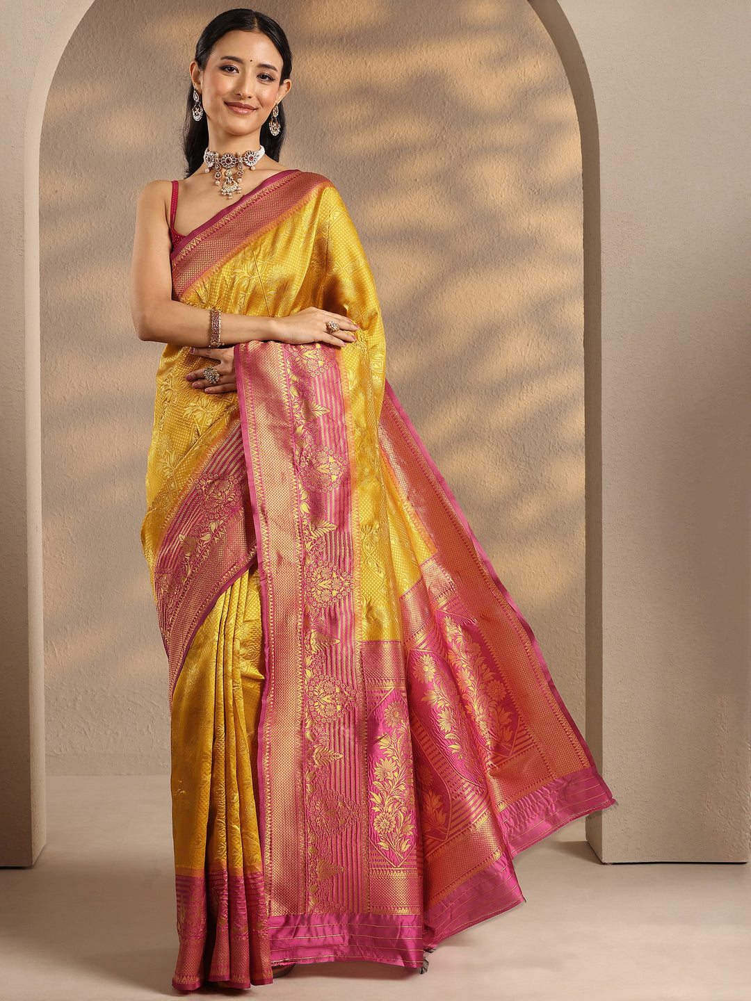  Mustard Woven Design Silk Blend Banarasi Saree With Unstitched Blouse Piece 