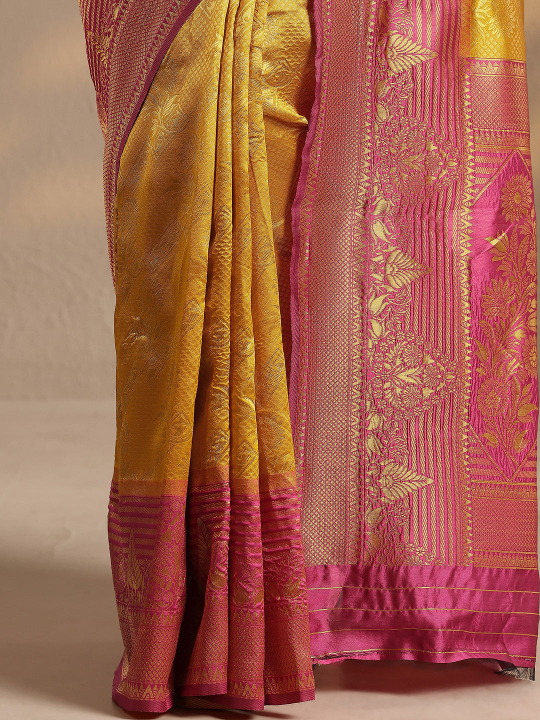  Mustard Woven Design Silk Blend Banarasi Saree With Unstitched Blouse Piece 