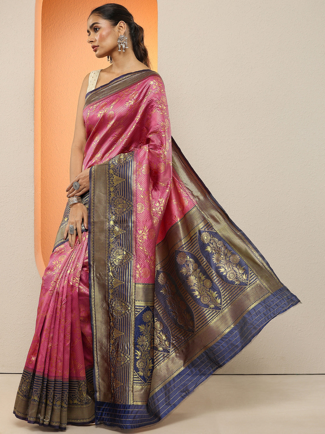  Pink Woven Design Silk Blend Sarees With Unstitched Blouse Piece 