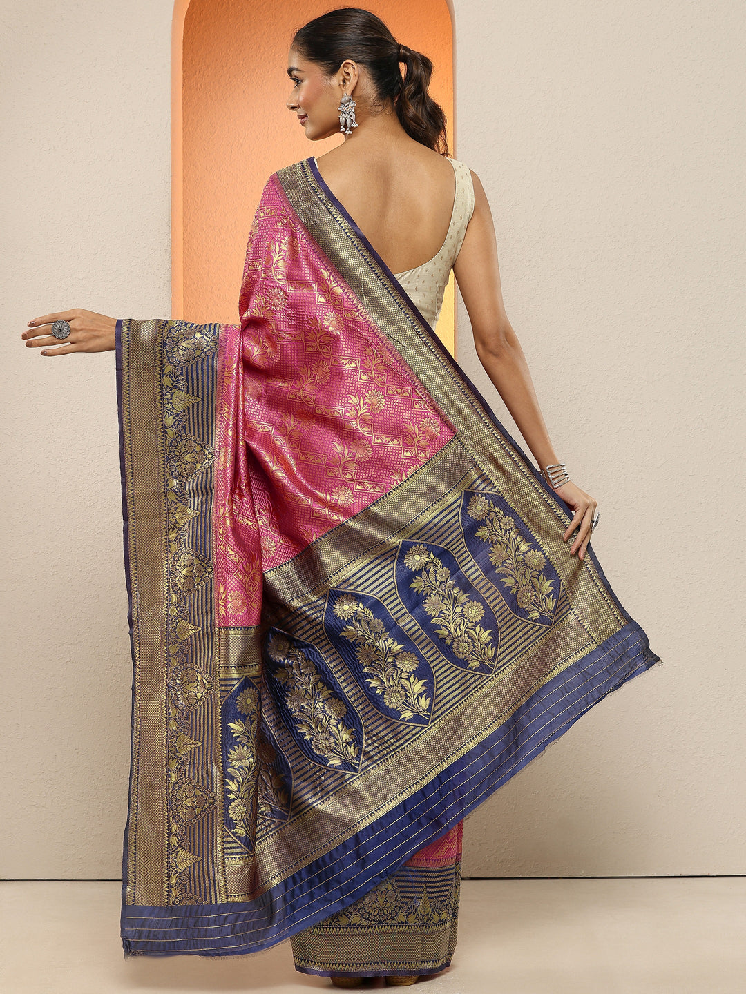  Pink Woven Design Silk Blend Sarees With Unstitched Blouse Piece 