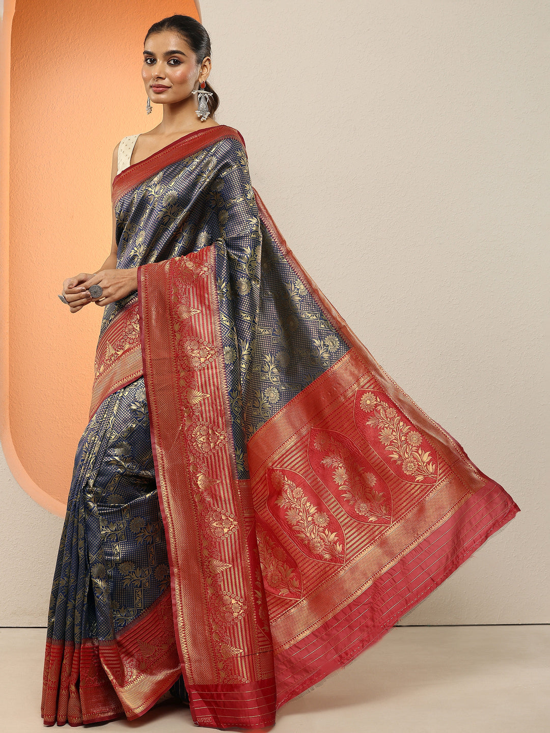  Blue Woven Design Silk Blend Sarees With Unstitched Blouse Piece 