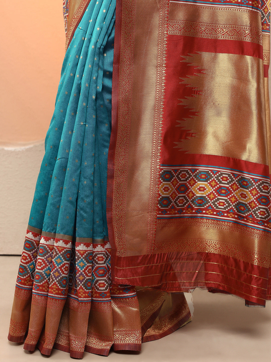  Teal Woven Design Silk Blend Sarees With Unstitched Blouse Piece 