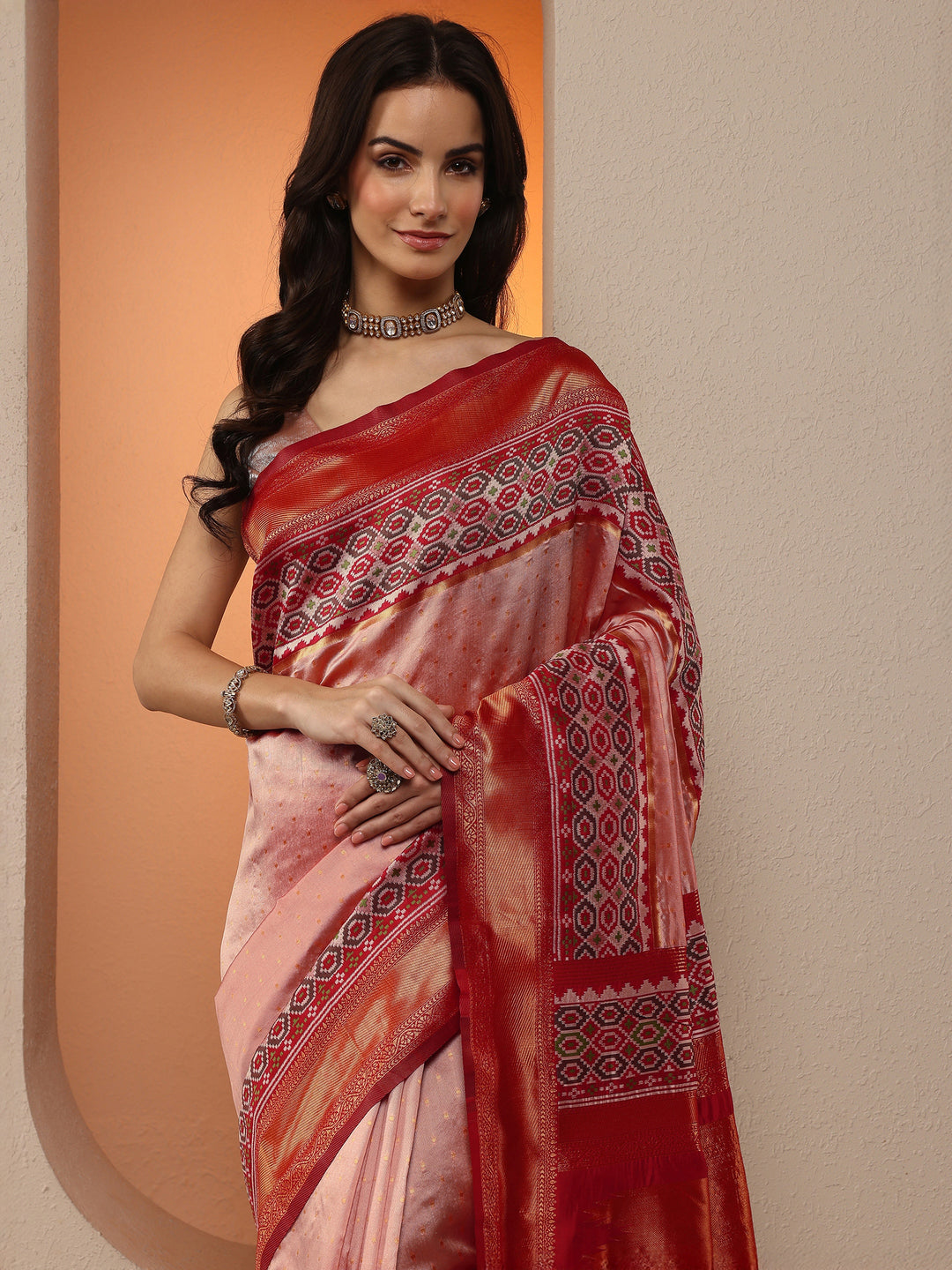  Pink Woven Design Silk Blend Saree With Unstitched Blouse Piece 