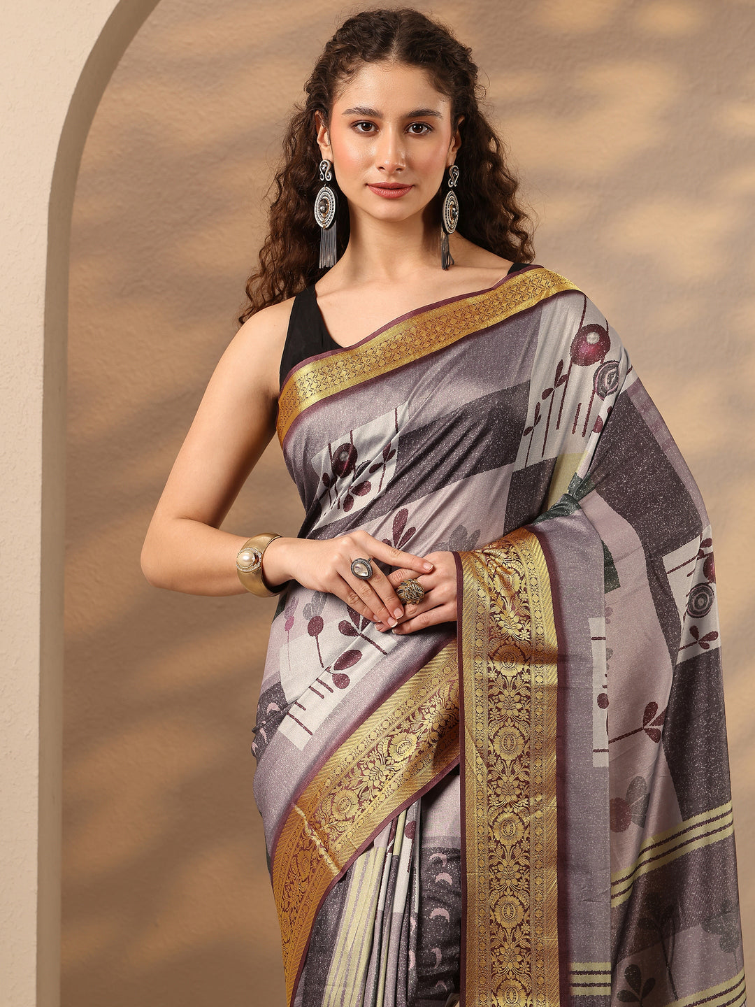  Purple Printed Silk Blend Saree With Unstitched Blouse Piece 